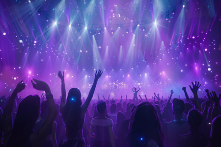 Crowd at a music festival in front of a bright stage with lightsの素材