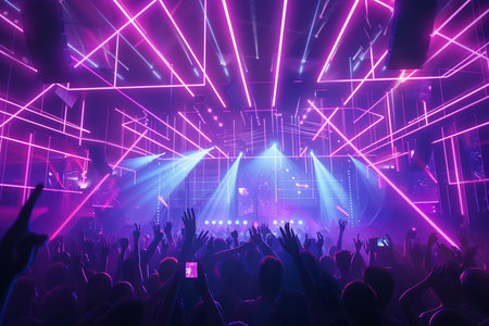 Concert crowd in front of a bright stage with neon lights.の素材