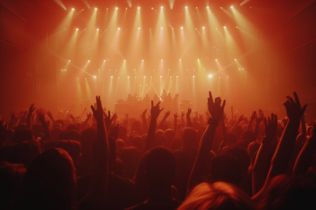 Photo pour Crowd in front of a bright stage with bright rays of light - image libre de droit