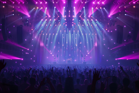 Concert crowd in front of a bright stage with lights and smokeの素材