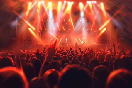 Crowd of people at a concert in front of bright stage lightsの素材