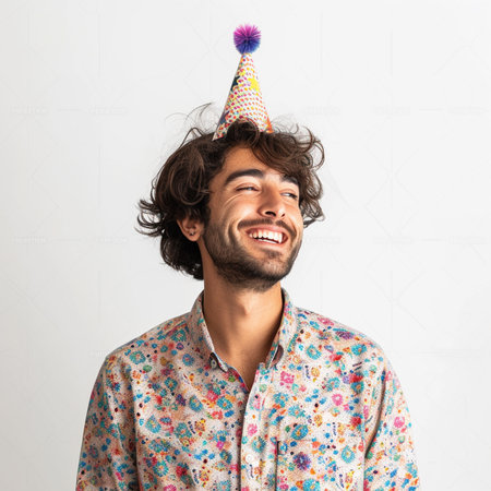 Handsome man in pajamas with party hat on his headの素材