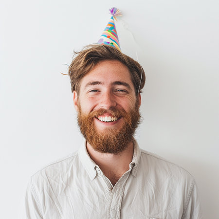 Portrait of a happy young man with a red beard and a party hatの素材