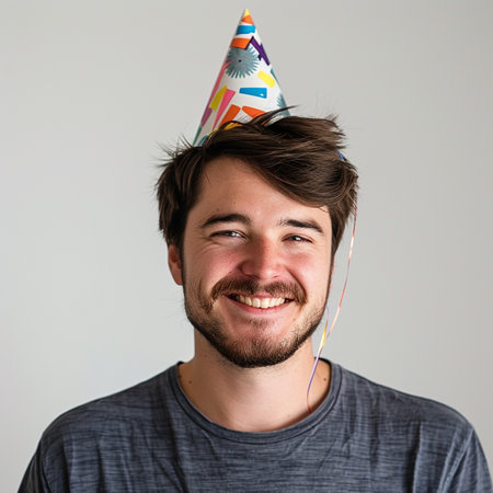 Portrait of a smiling young man with party hat on grey backgroundの素材