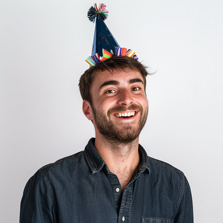 Handsome man with party hat on his head over white backgroundの素材