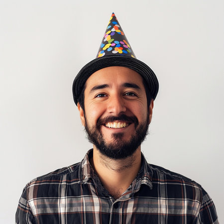 Portrait of a happy man with party hat on a white backgroundの素材