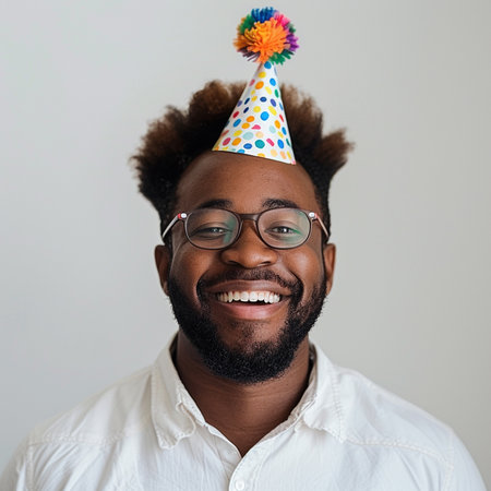 Portrait of happy african american man with birthday hat and glassesの素材