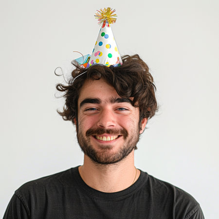 Portrait of young man with party hat smiling and looking at cameraの素材