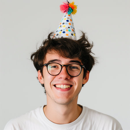 Funny young man with party hat and glasses on gray background.の素材