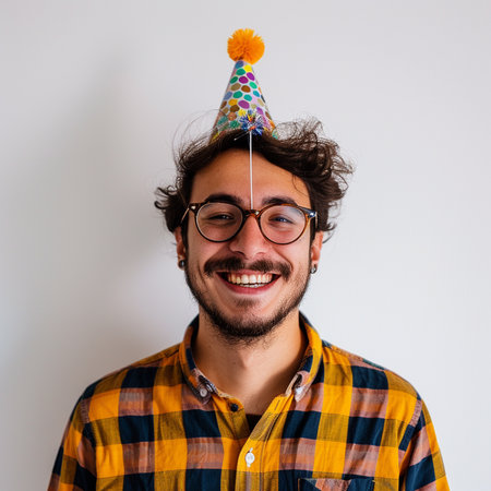 Portrait of a funny young man with party hat on white backgroundの素材