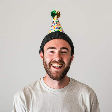 Portrait of a bearded man with a birthday hat on his headの素材