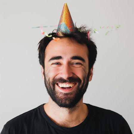 Portrait of a smiling man with party hat on his head.の素材