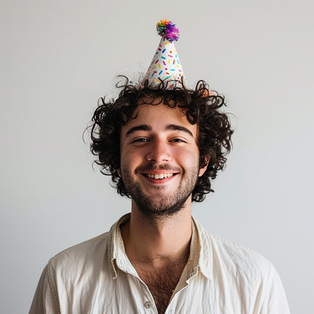 Portrait of a happy young man with birthday hat on grey backgroundの素材