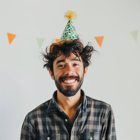 Portrait of happy young man with birthday hat on white background.の素材
