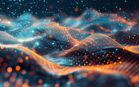 3d rendering of abstract digital landscape with connecting dots and lines. Network connection structure. Big data visualization.の素材