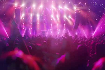 Concert crowd in front of a bright stage with lights and smokeの素材