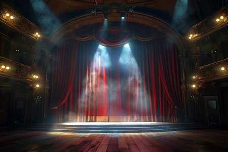 Theater stage with lighting, smoke and red curtains. 3d renderの素材