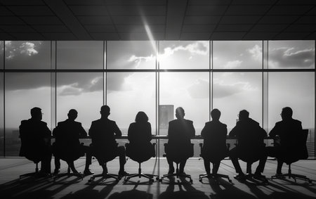 Silhouettes of business people in a meeting room at sunset.の素材