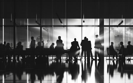 Silhouettes of business people in the lobby of a modern office buildingの素材