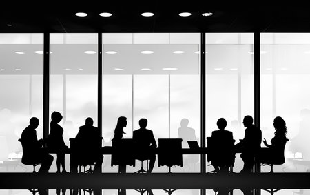 Silhouettes of business people in a modern office. Mixed mediaの素材