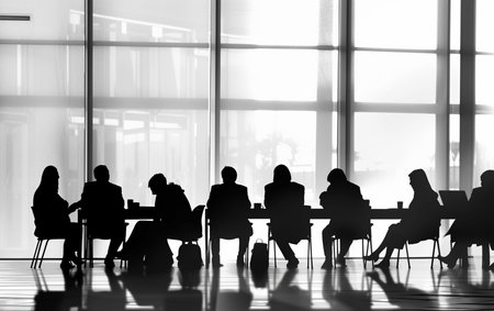 Silhouettes of business people in a meeting room at the airportの素材