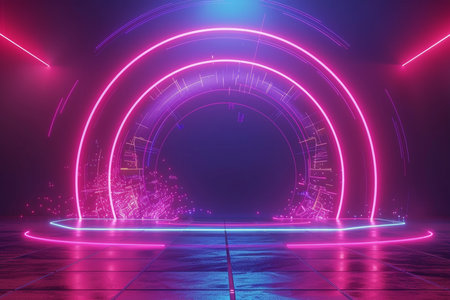 3d rendering, abstract background, empty stage with neon lights.の素材
