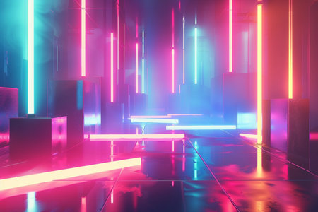 3d rendering. Futuristic corridor with neon lights. Futuristic interior.の素材
