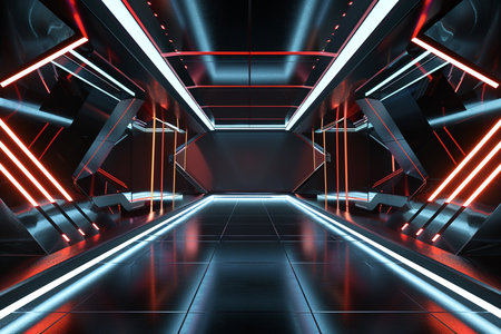 Futuristic corridor with glowing lights and reflections 3D rendering backgroundの素材