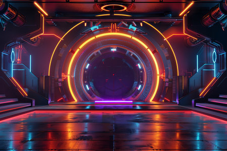 3D rendering. Futuristic spaceship interior with neon lights. Sci-fi background.の素材