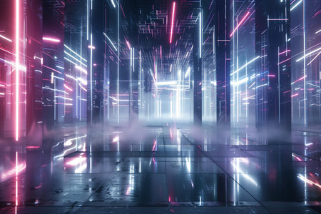 Futuristic dark corridor with neon lights and reflections 3D renderingの素材