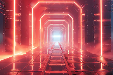 Futuristic corridor with glowing neon lights. 3D Renderingの素材