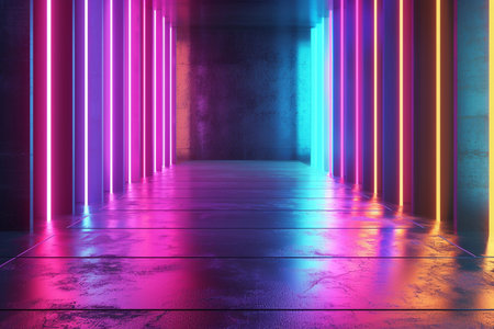 3d render. Futuristic corridor with neon lights. Abstract backgroundの素材