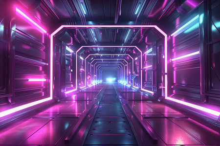 futuristic scifi tunnel corridor with glowing lights 3d renderingの素材