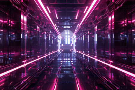 Futuristic corridor with glowing neon lights. 3D Renderingの素材