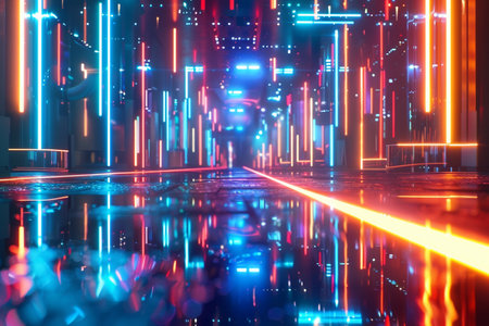 3d render. Abstract futuristic corridor with glowing neon lights. Futuristic background.の素材