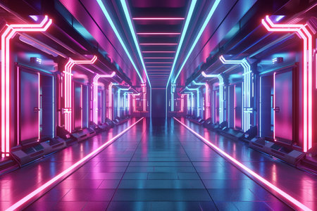 Futuristic corridor with glowing neon lights, 3d render illustrationの素材
