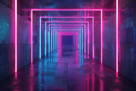 3d render, abstract background. Futuristic corridor with neon lightsの素材