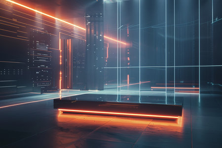 Futuristic interior with glowing neon lines. 3D Renderingの素材