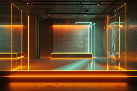3d rendering of an empty room with neon lights. 3d illustrationの素材