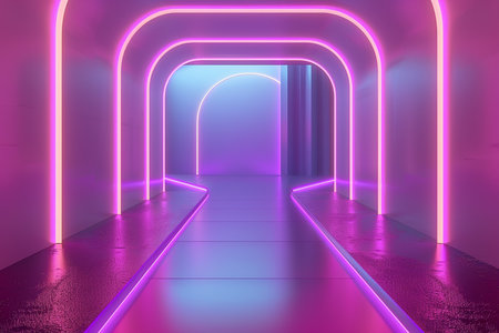 3d render, abstract background, modern interior, empty corridor with neon lightsの素材