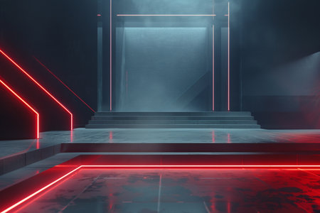 Futuristic dark corridor with red neon lights. 3D Renderingの素材