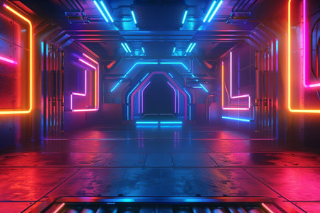 Futuristic scifi tunnel corridor with glowing lights 3D renderingの素材