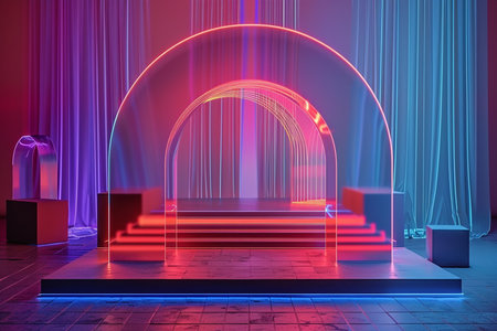 3D rendering of a podium in a nightclub with a glowing archの素材