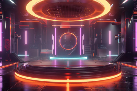 3D rendering of a Futuristic sci-fi tunnel with neon lightsの素材
