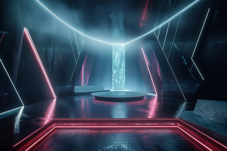 3d rendering. Futuristic interior with neon lights and round podium.の素材