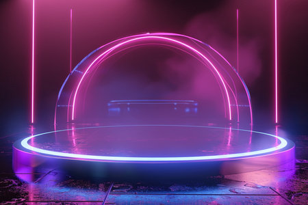 Empty stage with neon lights, 3d rendering. Computer digital drawing.の素材