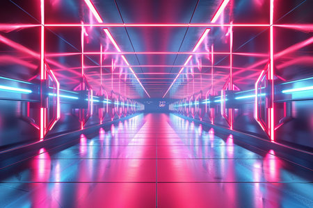 Futuristic corridor with glowing neon lights. 3D Renderingの素材