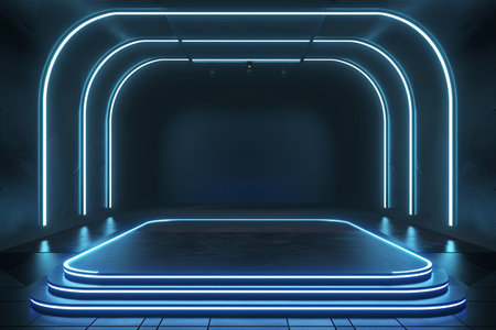 3d rendering. Futuristic interior with blue neon lights. 3d illustrationの素材