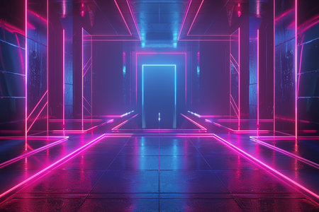 Futuristic corridor with glowing neon lights. 3D Renderingの素材
