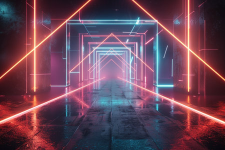 3d render, abstract background with neon lights, empty dark corridorの素材